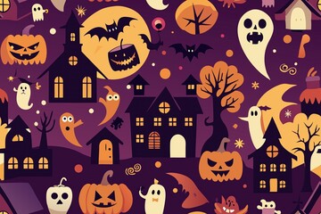 Halloween seamless pattern - creepy pumpkin lanterns with scary faces, traditional holiday halloween symbols ,seamless texture