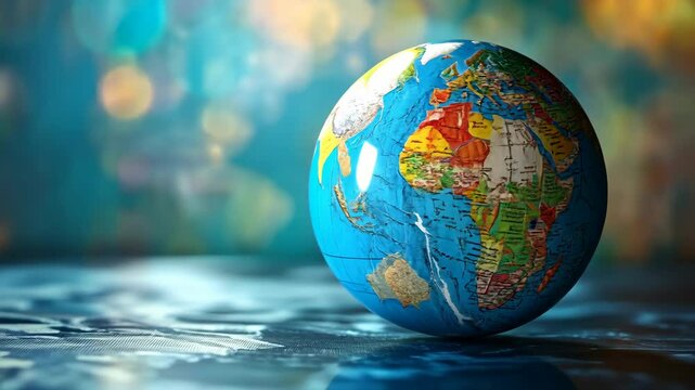A colorful globe rests on a surface, illuminated by a soft, blue light