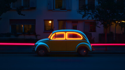 Fototapeta premium Ein getuntes Auto mit Neonbeleuchtung rast durch eine dunkle SeitenstraÃŸe die Lichter schimmern an den Hauswnden.