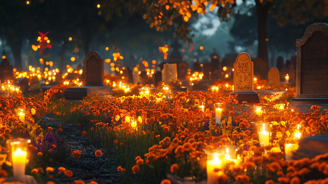 A skeleton in a Day of the Dead costume, with flowers on its head and around its neck, is sitting near desert mountains. The photography is cinematic, with a bokeh effect.