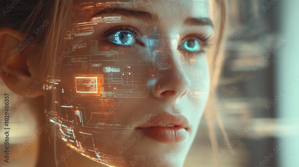 Poster close-up of a woman's face with digital holographic elements, symbolizing futuristic technology, art