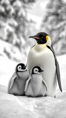 Fototapeta premium Emperor penguins nurture their chick on a serene ice landscape in a timeless black and white moment
