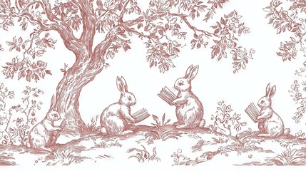   Two rabbits reading a book under a tree with a tree branch in the foreground Another rabbit reading a book in the foreground