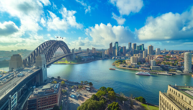 Panoramic view of cityscape inspired on Sidney with Harbour Bridge spanning across the blue waters of the harbor