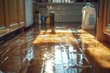 water damage restoration, water damage on wooden floor under kitchen sink with small puddles reflecting morning light, surrounded by cleaning supplies