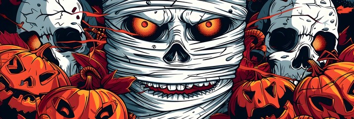 Halloween mummy.Horned demon.Happy Halloween scary illustration.Horizontal banner for night of the dead.Trick or treat