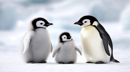 Naklejka premium Emperor penguins nurture their chick on a serene ice landscape in a timeless black and white moment