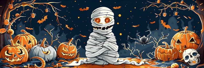 Halloween mummy.Horned demon.Happy Halloween scary illustration.Horizontal banner for night of the dead.Trick or treat