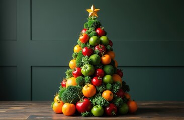 Vegetable Christmas tree on a green background. Raw food food concept showing healthy vegetarian food trends