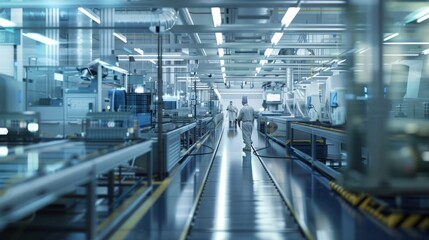 Factory Interior with Workers and Conveyor Belt