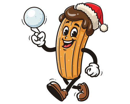 recommend clip art: Churros is playing Snowball and wearing Christmas Hat, Cartoon Mascot Illustration Character Vector Clip-art Hand-drawn Logo Design