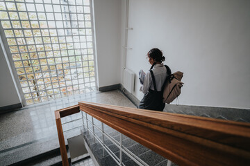 A young student descends the stairs in a modern educational building, carrying a large backpack and a book, creating a mood of academic focus and reflection.
