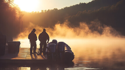 Officers arresting a suspect on a boat dock at sunrise with mist rising from the water.