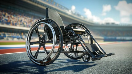 A sleek racing wheelchair rests on a track, emphasizing innovation and accessibility in sports.