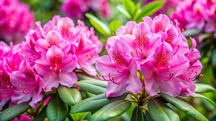 Obraz premium Pink rhododendron flowers blooming with green leaves, stamens in closeup, reflected in springtime