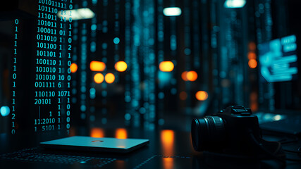 Digital Data Flow Streams of binary code in a dark, tech-themed environment