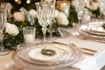elegant winter wedding tablescape, elegant winter wedding table with snowy decorations and stylish silver cutlery, crystal glasses, and white plates with wreath accents