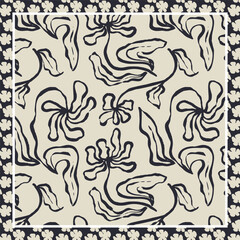Monochrome black and white brush strokes inky flowers scarf or bandana design. Abstract floral contemporary background.