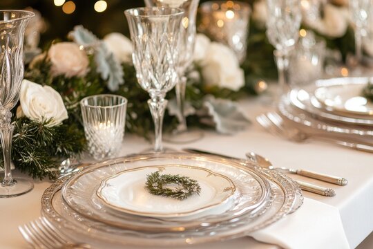 elegant winter wedding tablescape, elegant winter wedding table with snowy decorations and stylish silver cutlery, crystal glasses, and white plates with wreath accents