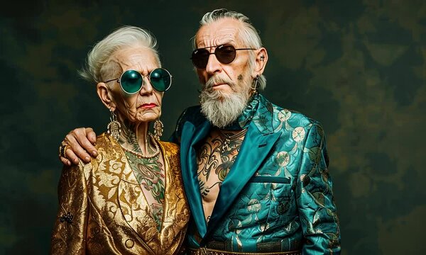 A striking couple embodies grace and individuality, dressed in luxurious attire while revealing their unique tattoos. Each detail tells a story of style and confidence