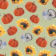 Watercolor pumpkin sunflower turkey bird seamless pattern Autumn 2024 Thanksgiving day decoration Harvest festival design Wrapping paper wallpaper textile print Green background Ripe gourd Gobbler