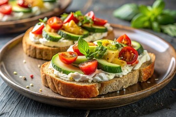 Plate of bruschetta with cream cheese and avocado on table at tilted angle