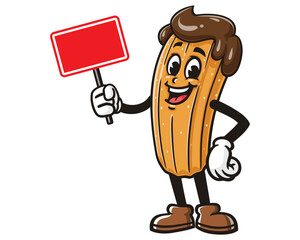 Churros with blank Sign board, Cartoon Mascot Illustration Character Vector Clip-art Hand-drawn Logo Design