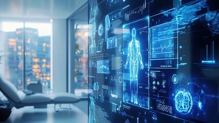 A futuristic digital interface displaying holographic data in a modern interior setting, showcasing technology and innovation.