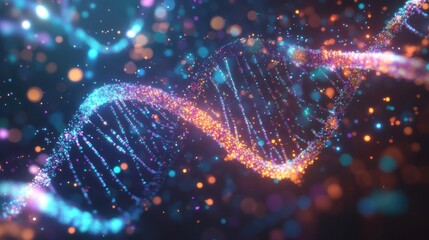 Fototapeta premium Glowing Neon DNA Strand with Vibrant Particle Effects in a Futuristic Sci-Fi Molecular Visualization