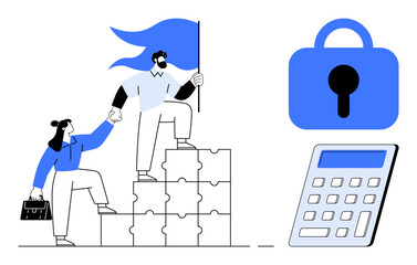 Two individuals holding hands climb up puzzle blocks with a flag. There is a blue lock and calculator nearby. Ideal for business teamwork, security, financial planning, goal achievement