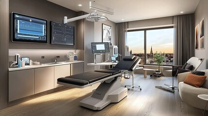 A modern medical suite featuring advanced equipment, large screens, and a scenic view, designed for comfort and high-tech care.