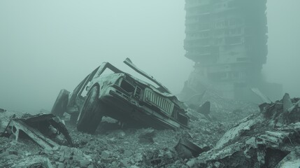 Fototapeta premium Dystopian Remnants: Abandoned Technological Wasteland Reflecting Consequences of Unchecked Progress