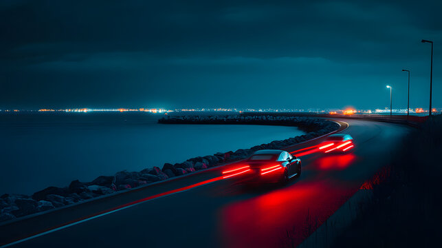 Zwei Autos liefern sich ein erbittertes Rennen entlang einer verlassenen Hafenzone das Meer leuchtet im Hintergrund.