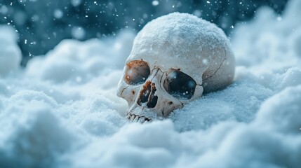Extinction. Global Winter Climate Crisis: Skull in Snowfall Symbolizing Earth's Atmosphere Impact on Human Survival