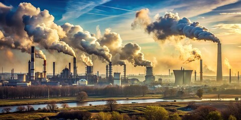 Polluted industrial landscape with toxin-spewing smokestacks silhouette