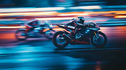 A motorcycle race at night under the bright lights of the track the glowing neon reflecting off the...