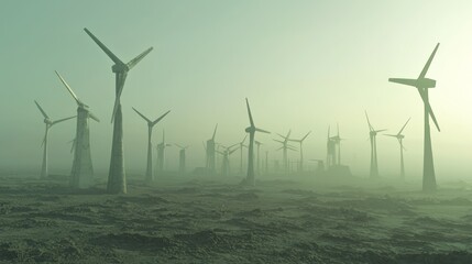 Bleak Future: Desolate Wind Turbines in Dystopian Society Striving for Renewable Energy, Cinematic Lighting