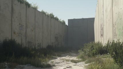Divided Hopes: Dystopian Border Wall with Resilient Graffiti in Cinematic Light