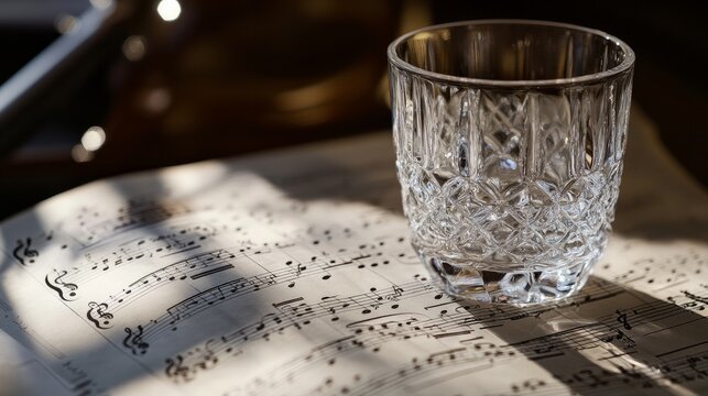 Sheet music rests atop a Christofle Ariana double design crystal glass.