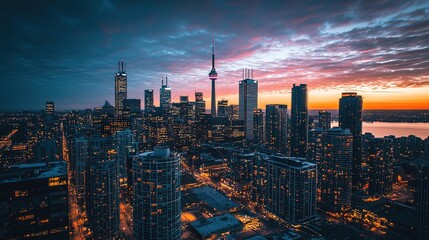 A stunning twilight cityscape of Toronto, showcasing skyscrapers against a vibrant sky with illuminating lights reflecting on the water.