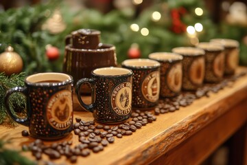 Fototapeta premium winter coffee display, assortment of winter coffees on a rustic table with vintage mugs, exuding rich aromas and beckoning sips, creating cozy warmth