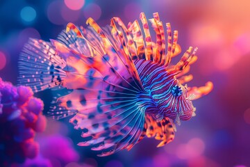 Obraz premium A vibrant lionfish with intricate patterns swims gracefully.