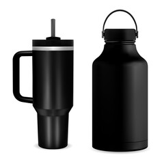 Thermo tumbler mockup. Reusable Coffee travel mug. Insulated black water flask, fitness or gym product. Aluminum or steel tumblr template with handle for logo promotion, realistic bottle