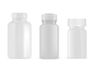 White supplement bottle mockup. Medical pill jar design, vector container template. Prescription drug package blank, antibiotic pharmacy can. Gummy vitamin vial without label