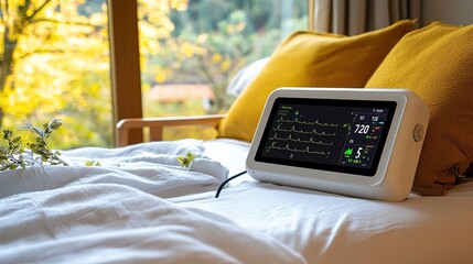 A cozy bedroom scene featuring a health monitor by a sunny window with yellow cushions and a calming atmosphere.