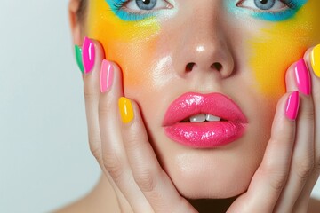 Bold portrait of a woman with vibrant face paint, glossy pink lips, and multicolored nails against a clean white background. Creative beauty and makeup concept with copy space for editorial use.

