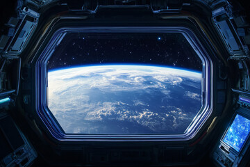View of Earth planet from space station window with clouds and atmosphere against the backdrop of space