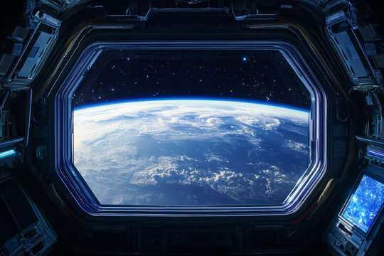 View of Earth planet from space station window with clouds and atmosphere against the backdrop of space - Powered by Adobe