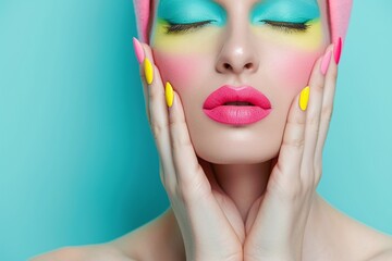 Colorful makeup portrait of a woman with neon eyeshadow, pink lipstick, and multicolored nails against a bright turquoise background. Creative beauty concept with copy space for editorial designs.

