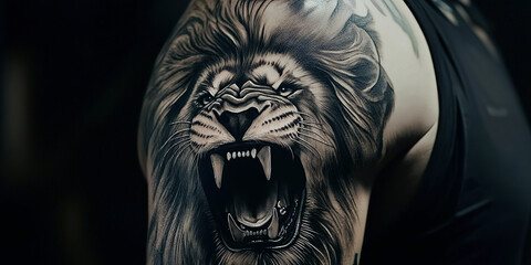 Realistic tattoo of a fierce lion roaring, detailed fur and sharp teeth, inked on a man's upper arm, dark shades with subtle highlights.